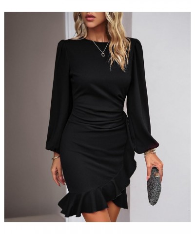 Women's Long Sleeves Bodycon Mini Dress Ruched Puff Sleeve Ruffle Hem Round Neck Cocktail Party Work Office Dress Black $19.6...