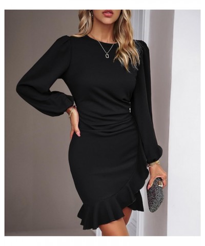 Women's Long Sleeves Bodycon Mini Dress Ruched Puff Sleeve Ruffle Hem Round Neck Cocktail Party Work Office Dress Black $19.6...