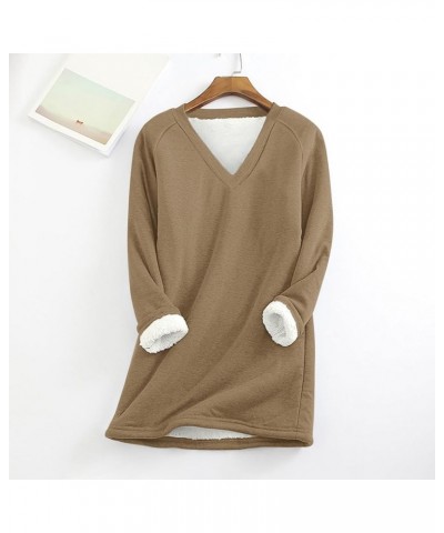 Women V-Neck Long Sleeve Pullovers Wool Liner Sherpa Sweatshirts Casual Solid Color Clothes Warm Winter Pullover Khaki 6 $8.3...