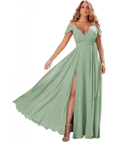 Women's Off The Shoulder Long Bridesmaid Dresses for Wedding Chiffon Ruched Formal Evening Gowns with Slit Sage Green $27.50 ...