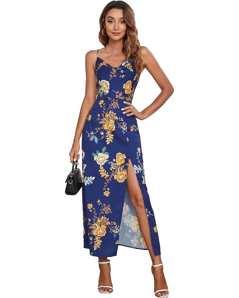 Women's Sexy Spaghetti Straps Backless Maxi Dress Drape Cowl Neck Side Slit Cocktail Party Satin Dresses 72077 Royal Blue Flo...