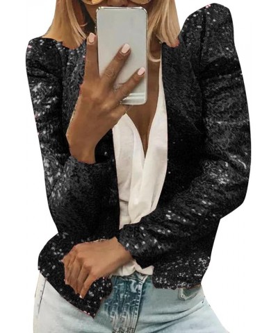 Womens Casual Open Front Sequin Jackets Cardigan Glitter Long Sleeve Shawl Collar Short Sport Coats Cropped Blazer Jackets Bl...