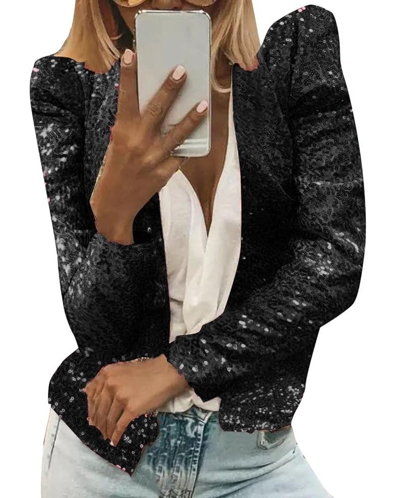 Womens Casual Open Front Sequin Jackets Cardigan Glitter Long Sleeve Shawl Collar Short Sport Coats Cropped Blazer Jackets Bl...