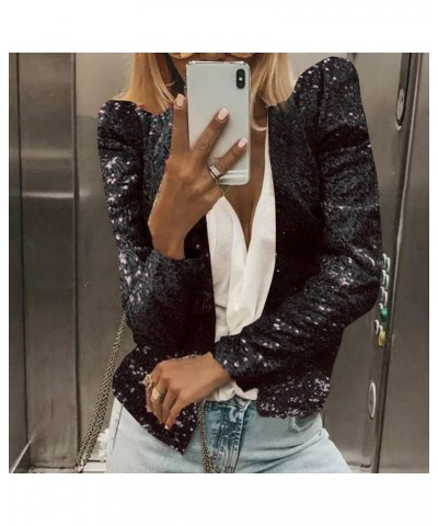 Womens Casual Open Front Sequin Jackets Cardigan Glitter Long Sleeve Shawl Collar Short Sport Coats Cropped Blazer Jackets Bl...