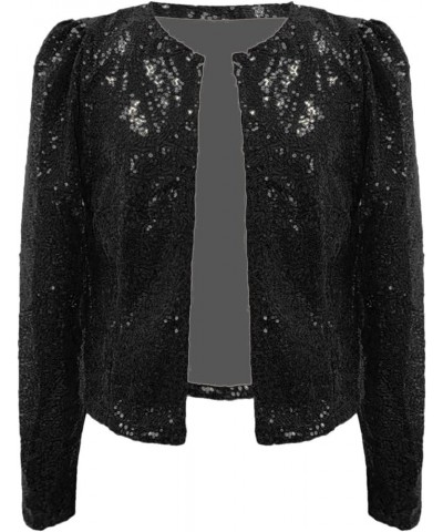 Womens Casual Open Front Sequin Jackets Cardigan Glitter Long Sleeve Shawl Collar Short Sport Coats Cropped Blazer Jackets Bl...