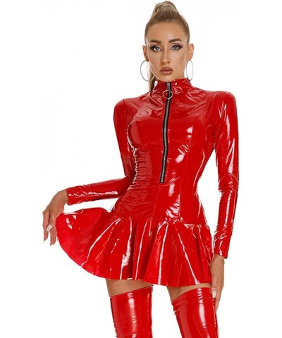 Women Sexy Shiny Leather Bodycon Dress Hook Eye Neck Mini Dresses Party Club Dress Red C $10.65 Dresses