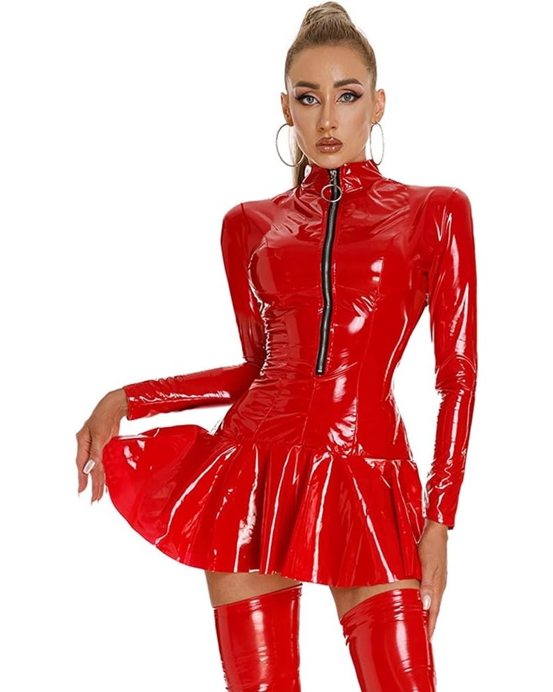 Women Sexy Shiny Leather Bodycon Dress Hook Eye Neck Mini Dresses Party Club Dress Red C $10.65 Dresses