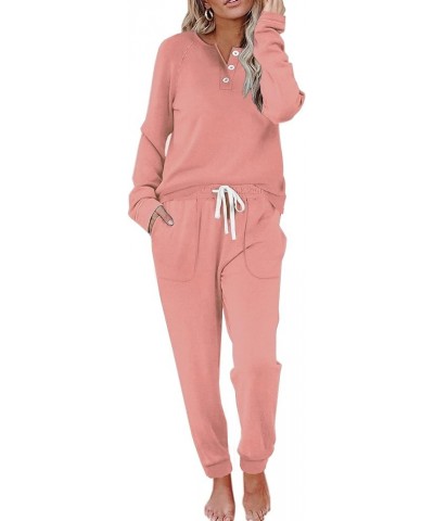 Two Piece Outfits for Women Lounge Sets Button Down Sweatshirt Sweatpants Sweatsuits Set with Pockets Long Sleeve - Coral Pin...