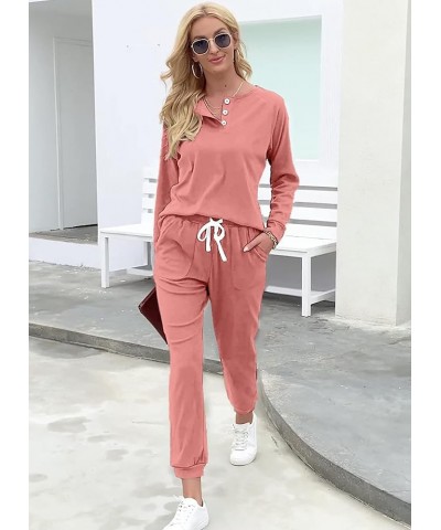 Two Piece Outfits for Women Lounge Sets Button Down Sweatshirt Sweatpants Sweatsuits Set with Pockets Long Sleeve - Coral Pin...