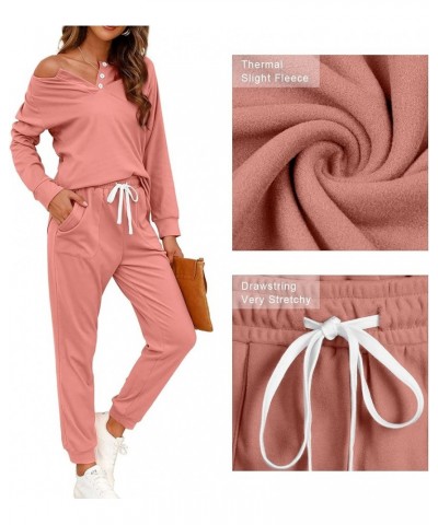 Two Piece Outfits for Women Lounge Sets Button Down Sweatshirt Sweatpants Sweatsuits Set with Pockets Long Sleeve - Coral Pin...