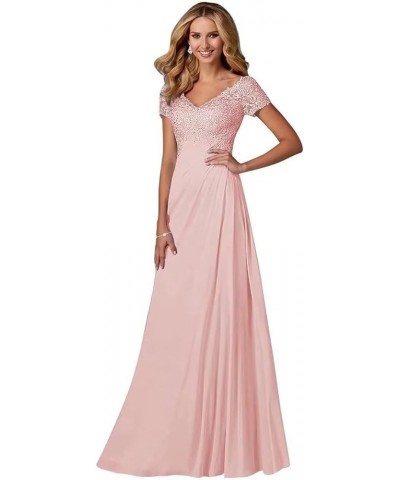 Mother of The Bride Dresses Short Sleeve Laces Chiffon V Neck Formal Evening Gowns Party Dresses GQ05 Blush $30.00 Dresses