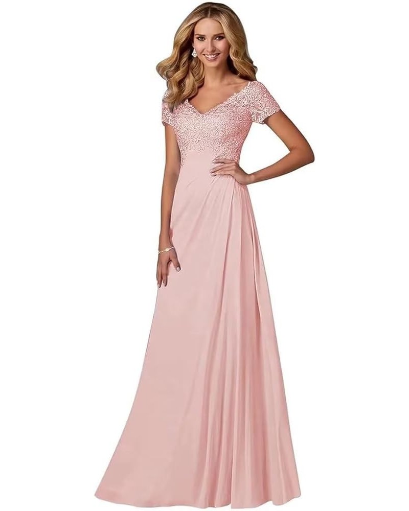 Mother of The Bride Dresses Short Sleeve Laces Chiffon V Neck Formal Evening Gowns Party Dresses GQ05 Blush $30.00 Dresses