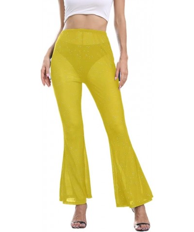 Women Rave Sheer Mesh Shiny Pants Flared High Waist Bell Bottom Pants for Party Dance Festival Yellow $18.41 Pants