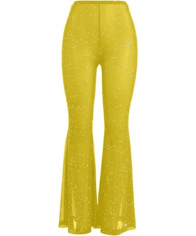 Women Rave Sheer Mesh Shiny Pants Flared High Waist Bell Bottom Pants for Party Dance Festival Yellow $18.41 Pants