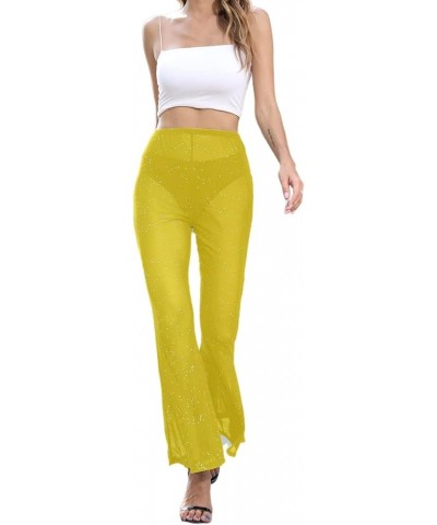 Women Rave Sheer Mesh Shiny Pants Flared High Waist Bell Bottom Pants for Party Dance Festival Yellow $18.41 Pants