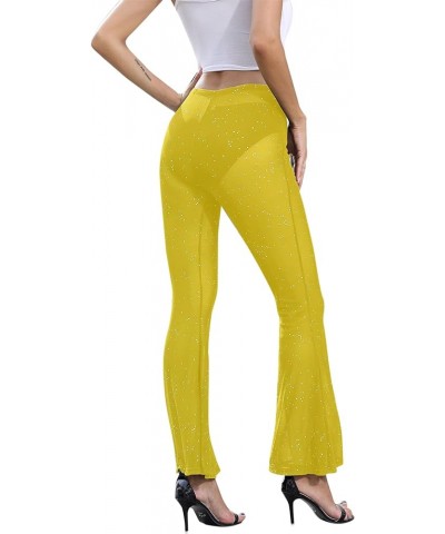 Women Rave Sheer Mesh Shiny Pants Flared High Waist Bell Bottom Pants for Party Dance Festival Yellow $18.41 Pants