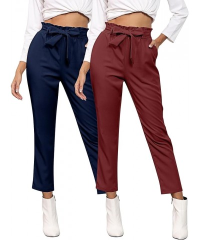 2 Pcs Women's Paper Bag Pants High Waist Cropped Trousers Bow Belted Pencil Pants with Pockets Dark Blue, Wine Red $15.59 Pants