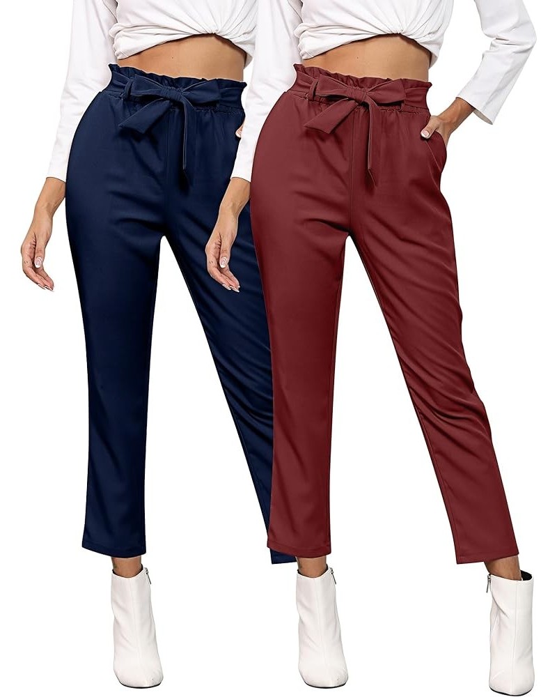 2 Pcs Women's Paper Bag Pants High Waist Cropped Trousers Bow Belted Pencil Pants with Pockets Dark Blue, Wine Red $15.59 Pants