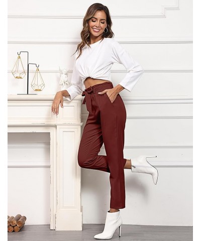 2 Pcs Women's Paper Bag Pants High Waist Cropped Trousers Bow Belted Pencil Pants with Pockets Dark Blue, Wine Red $15.59 Pants