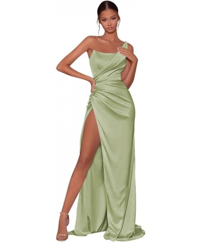 One Shoulder Prom Dresses with Slit for Women Long Pleated Satin Mermaid Evening Party Gowns Sage Green $29.14 Dresses