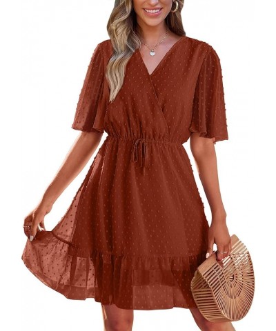 Women's Summer Dresses 2024 Casual Short Sleeve V Neck Ruffle Floral Print High Waist Flowy Mini Dress with Belt Style2-brick...