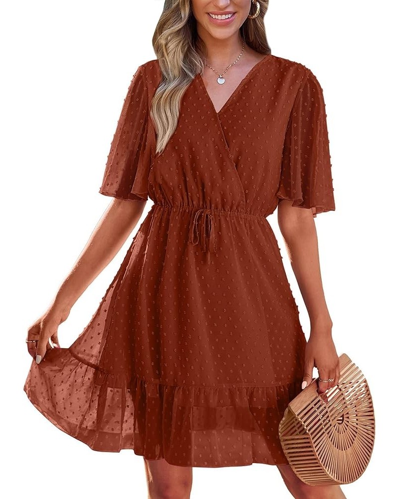 Women's Summer Dresses 2024 Casual Short Sleeve V Neck Ruffle Floral Print High Waist Flowy Mini Dress with Belt Style2-brick...