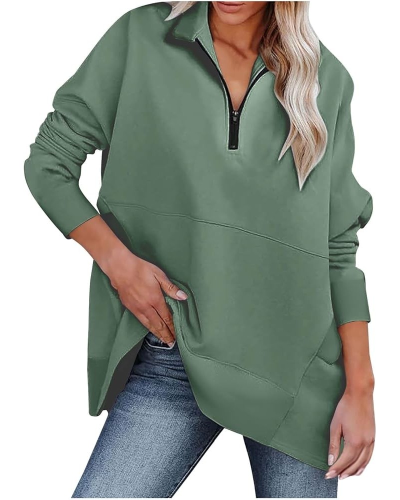 Half Zip Pullover Women Fall Solid Sweatshirts Loose Fit Long Sleeve Lapel Collar Trendy Tees Side Pockets Clothes A14-mint G...