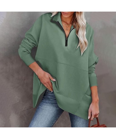 Half Zip Pullover Women Fall Solid Sweatshirts Loose Fit Long Sleeve Lapel Collar Trendy Tees Side Pockets Clothes A14-mint G...