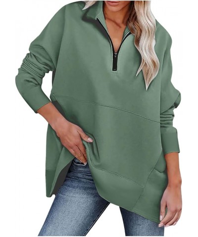 Half Zip Pullover Women Fall Solid Sweatshirts Loose Fit Long Sleeve Lapel Collar Trendy Tees Side Pockets Clothes A14-mint G...