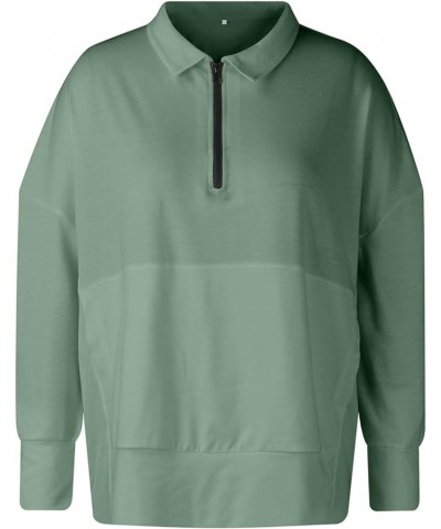 Half Zip Pullover Women Fall Solid Sweatshirts Loose Fit Long Sleeve Lapel Collar Trendy Tees Side Pockets Clothes A14-mint G...