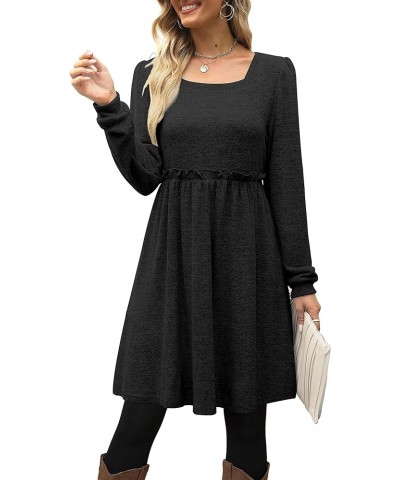 Womens Long Sleeve Dress Square Neck Puff Sleeve Elastic Waist Casual Dresses 01-black $15.92 Dresses