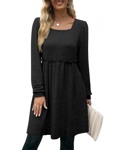 Womens Long Sleeve Dress Square Neck Puff Sleeve Elastic Waist Casual Dresses 01-black $15.92 Dresses