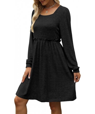 Womens Long Sleeve Dress Square Neck Puff Sleeve Elastic Waist Casual Dresses 01-black $15.92 Dresses