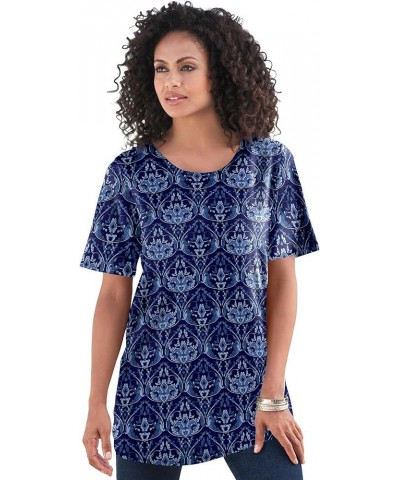 Women's Plus Size Crewneck Ultimate Tee Shirt Navy Lattice Medallion $17.34 T-Shirts