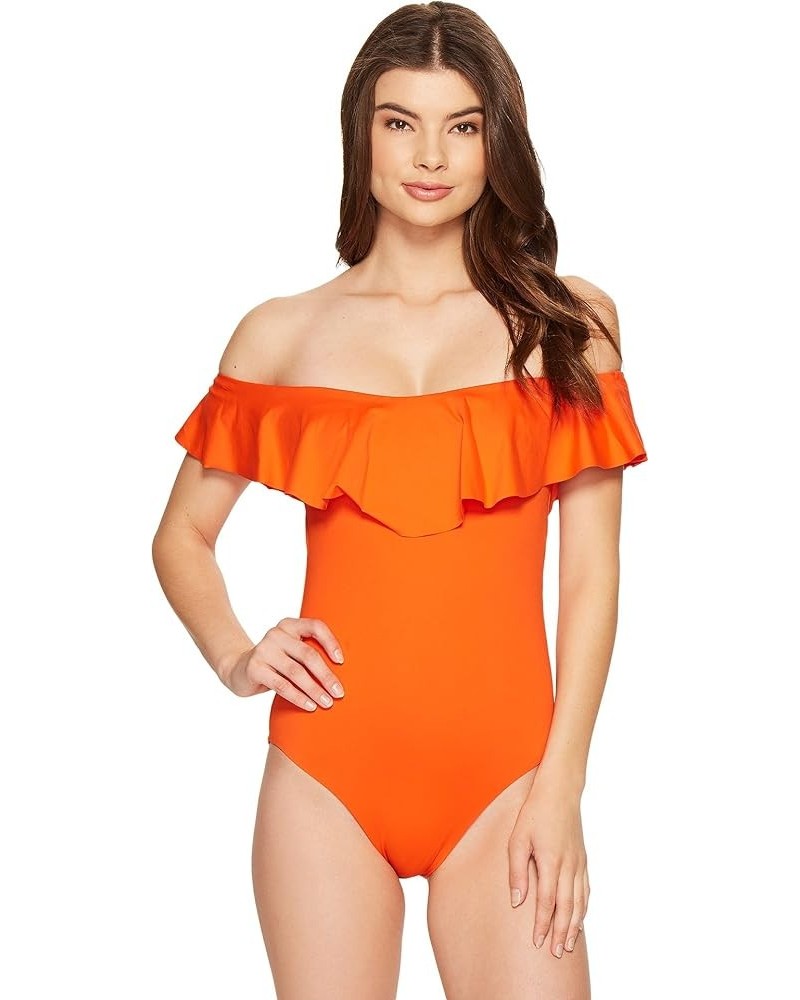 Women's Standard Off Shoulder Ruffle Bandeau One Piece Swimsuit Red / Flame / Gypsy Solid $37.80 Swimsuits