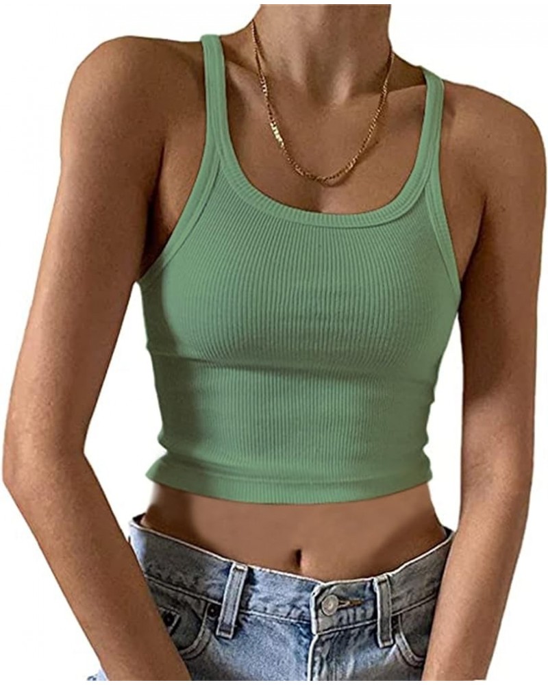 Women’s Basic Rib Knit Crop Tank Top Casual Solid Scoop Neck Sleeveless Crop Top Camisole Pea Green $11.39 Tanks