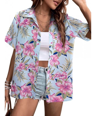 Women Hawaiian Shirt Soft Cool Summer Hawaii Shirts Floral Tropic Print V Neck T-Shirt Short Sleeve Button Up Tops Blue-flora...