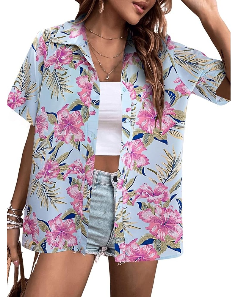 Women Hawaiian Shirt Soft Cool Summer Hawaii Shirts Floral Tropic Print V Neck T-Shirt Short Sleeve Button Up Tops Blue-flora...