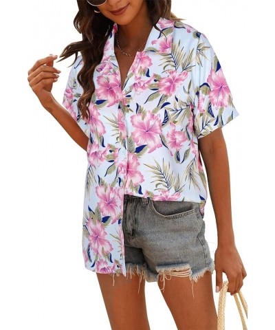 Women Hawaiian Shirt Soft Cool Summer Hawaii Shirts Floral Tropic Print V Neck T-Shirt Short Sleeve Button Up Tops Blue-flora...