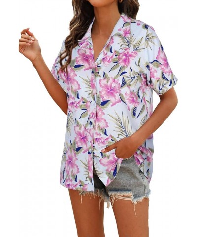 Women Hawaiian Shirt Soft Cool Summer Hawaii Shirts Floral Tropic Print V Neck T-Shirt Short Sleeve Button Up Tops Blue-flora...