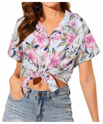 Women Hawaiian Shirt Soft Cool Summer Hawaii Shirts Floral Tropic Print V Neck T-Shirt Short Sleeve Button Up Tops Blue-flora...