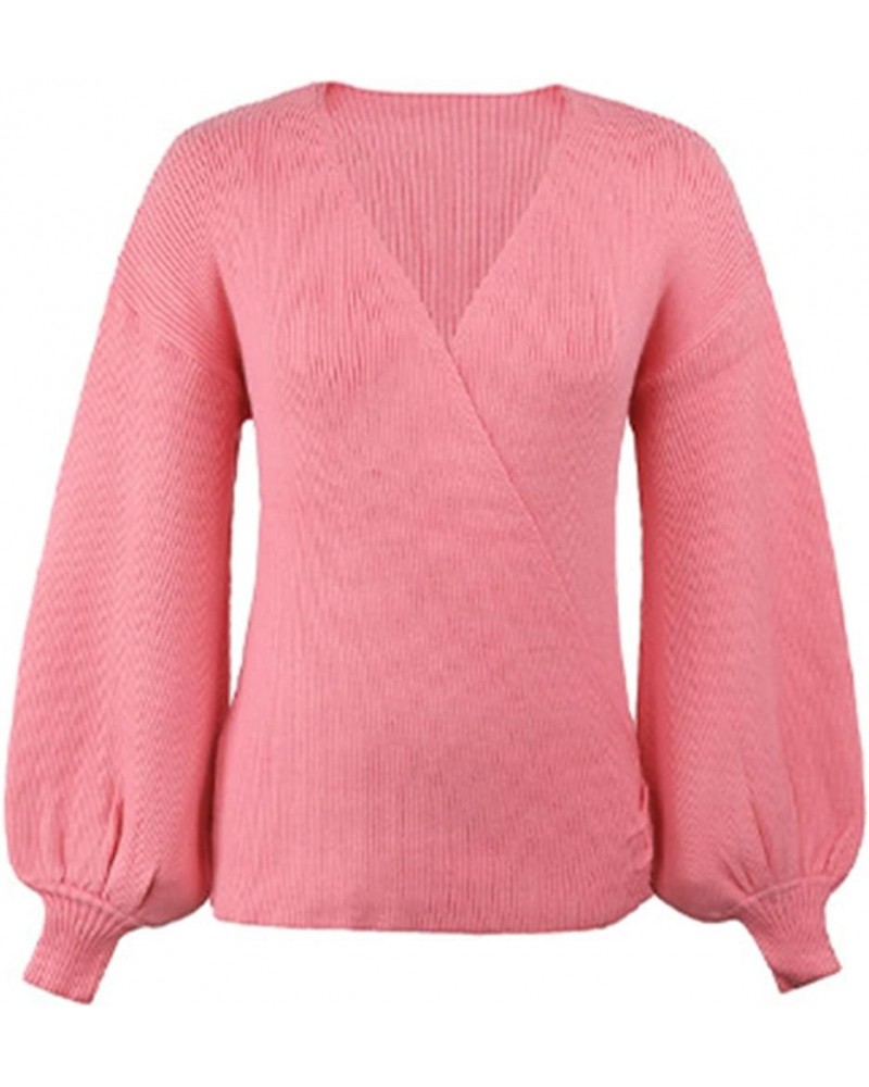 Women Long Sleeve Sexy Plunge V Neck Wrap Front Loose Sweater Pullover Jumper Tops New Rose Red $10.25 Sweaters