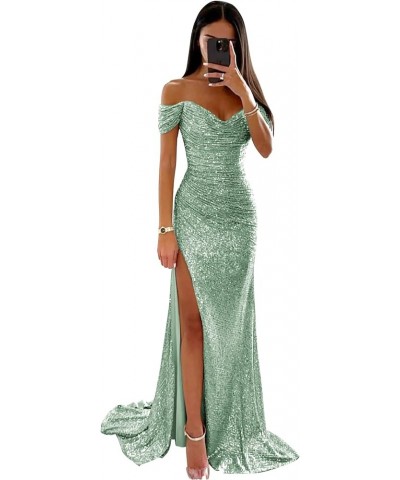 Women's Sequin Prom Dresses Long Ball Gown Mermaid Pleated Sparkly Evening Formal Gowns with Slit Mint Green $32.99 Dresses