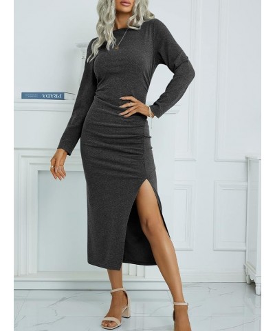 Women's Long Sleeve Dresses: Casual Bodycon Dress Crew Neck Ruched Midi Dress with Slit S-XL 160-darkgrey $28.90 Dresses