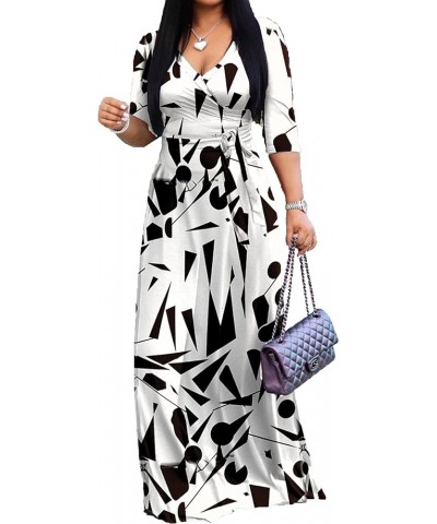 Women's V Neck 3/4 Sleeve Plus Size Long Maxi Dress with Belt 01 Floral-50 $11.60 Dresses