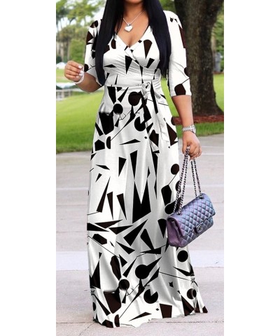 Women's V Neck 3/4 Sleeve Plus Size Long Maxi Dress with Belt 01 Floral-50 $11.60 Dresses