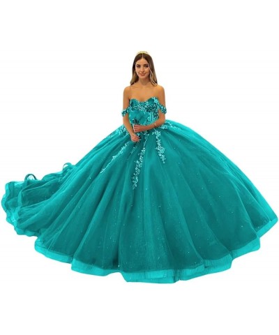 Off Shoulder Quinceanera Dresses Ball Gown 3D Floral Sweet 16 Dresses Luxury Tulle Prom Dresses Long Aqua $65.78 Dresses