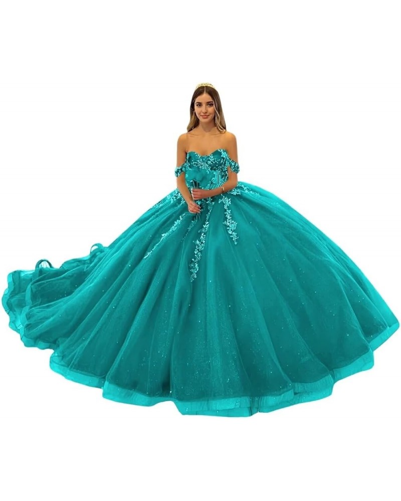 Off Shoulder Quinceanera Dresses Ball Gown 3D Floral Sweet 16 Dresses Luxury Tulle Prom Dresses Long Aqua $65.78 Dresses