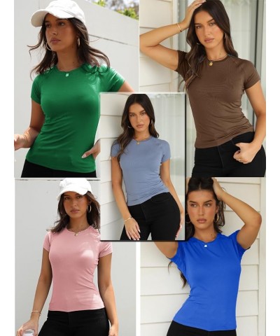 2024 Women Casual Activewear T Shirts Basic Crewneck Raglan Short Sleeve Slim Tight Fit Going Out Tops Green $10.39 T-Shirts