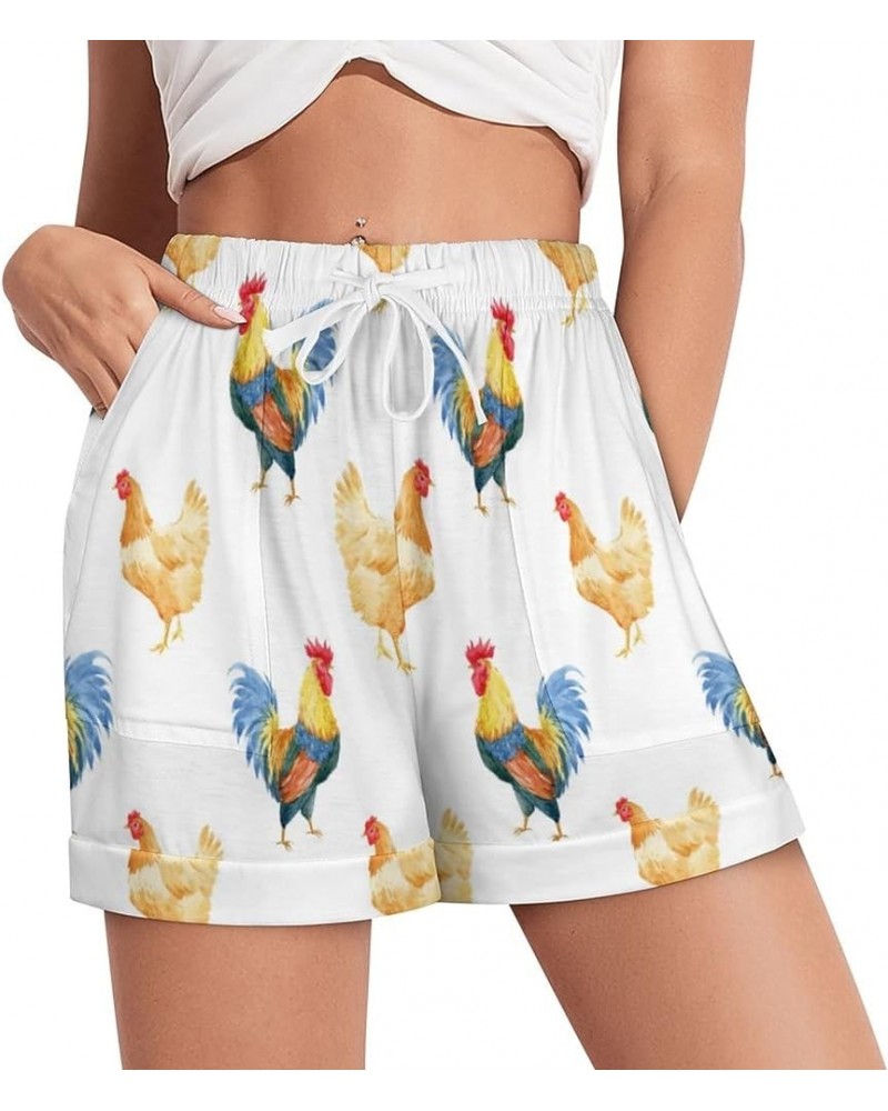 Women Pajama Shorts Beach Casual Athletic High Waist Drawstring Shorts Sleepwear Soft Lounge Casual Pants S-3XL Rooster Chick...